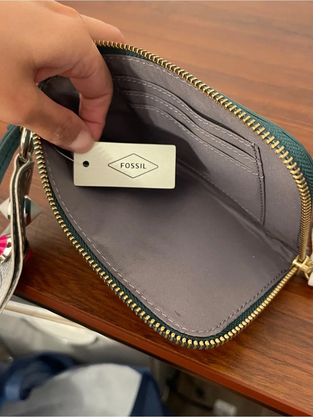 Fossil Teal Leather Wristlet with Cream Tassel and Multicolor Stud Strap